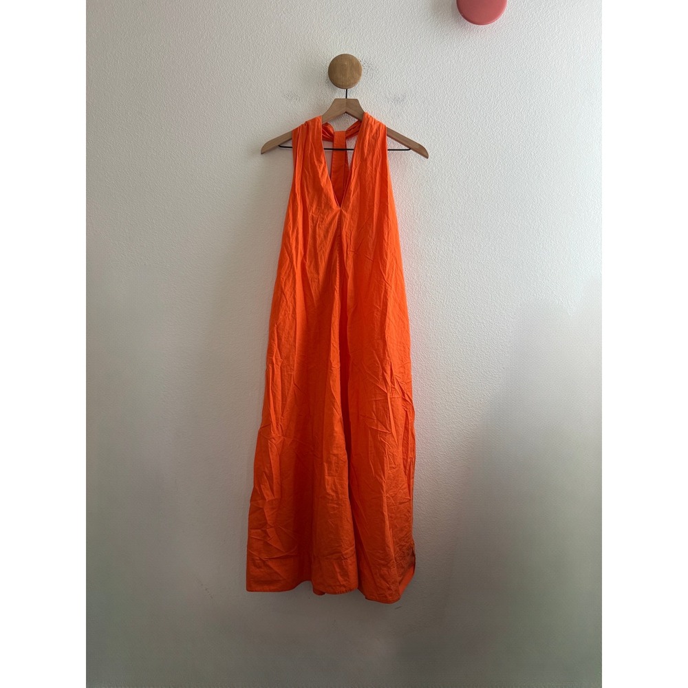 Arket Orange Cotton Halter Neck Maxi Dress V-Neck A-Line Pockets Size 38